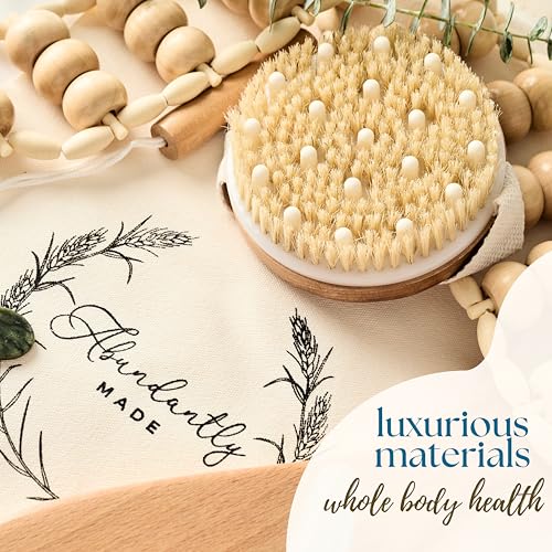 Abundantly Made Co. 7-Piece Lymphatic Drainage Massage Kit | Dry Brush, Wooden Paddle, Rope Roller, Jade Gua Sha, Silicone Cup, Linen Bag & E-Book | Wood Therapy, Maderoterapia & Body Sculpting Tools