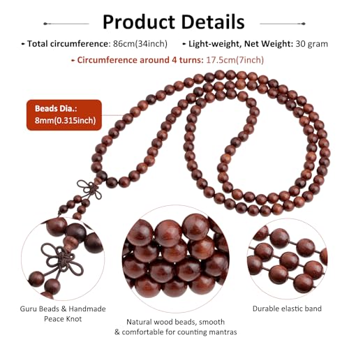 Nupuyai Natural Wood Wrap Bracelet for Women and Men, 108 Prayer Mala Beads Tibetan Necklace for Unisex Elastic Meditation Yoga Jewelry - color: 2-Blood Sandalwood(8mm)