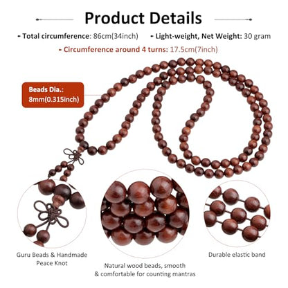 Nupuyai Natural Wood Wrap Bracelet for Women and Men, 108 Prayer Mala Beads Tibetan Necklace for Unisex Elastic Meditation Yoga Jewelry - color: 2-Blood Sandalwood(8mm)