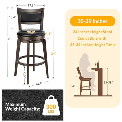 PrimeZone Swivel Bar Stools Set of 2, 24 Inch Counter Height Barstools, Black Faux Leather Bar Stool with High Backrest & Solid Wood Legs & Wrap-around Footrest, Counter Stools for Kitchen Island, Pub - size: 24" Counter Height