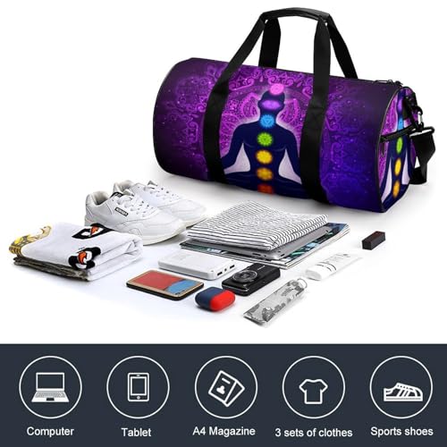 Seven Chakra Yoga Meditation Lotus Purple Mandala Cylindrical Portable Fitness Bag, Large Capacity Handbag - color: Seven Chakra Yoga Meditation lotus purple man