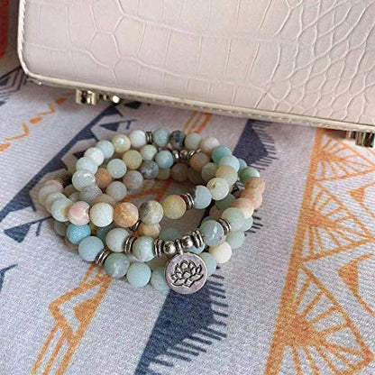 8mm 108 Mala Beads Wrap Bracelet Necklace for Yoga Charm Bracelet Natural Gemstone Jewelry for Women Men - color: Amazonite with lotus