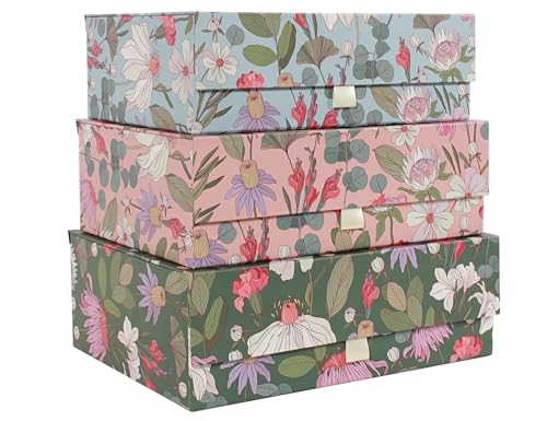 3-Piece Decorative Storage Boxes with Lids, Magnet and Ribbon, Blue, Green, Pink, Floral, Cardboard Paper Keepsake box Set, Photo Storage Box for Memory, Modern Stylish Home Decor - color: GARDEN FLOWER