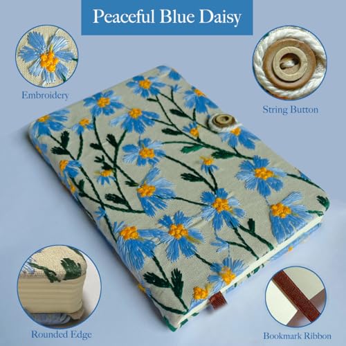 A5 Sketchbook, Flower Notebook, Embroidered Journal, Daisy Gifts for Women, 8"x6" Notebook, Hardcover, Lay Flat, Personalized Notebook, Unlined Notebook, Plain Journal, Blue Daisy