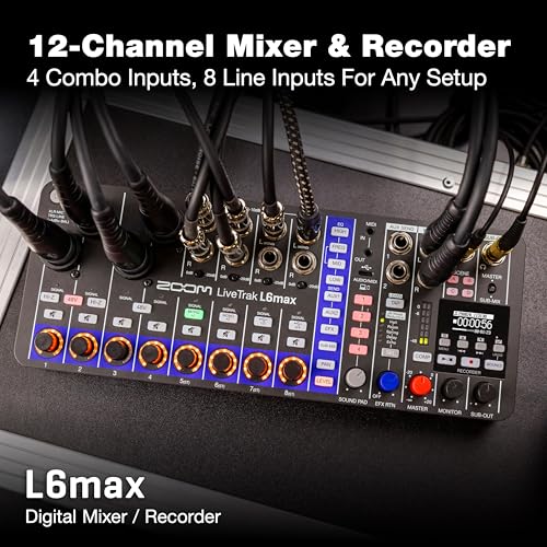 Zoom LiveTrak L6max Digital Mixer and Recorder, 12-Channel, 32-Bit Float, Battery Powered, 4 Combo + 8 Stereo Inputs, MIDI, Effects, Sound Pads, 3-Band EQ, AI Noise Reduction