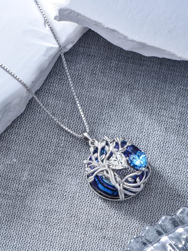 TOUPOP s925 Sterling Silver Family Celtic Tree of Life Pendant Necklaces with 2 Heart Birthstone with Blue Austrian Crystal Jewelry Birthday Valentines Day Gifts for Her, Anniversary Christmas Gifts for Wife Girlfriend Mom (18K Real White Gold Filled) - c