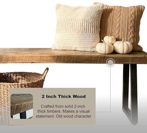 Rustic Revival Reclaimed Barnwood Bench, Solid Wood with Metal Base, Modern Farmhouse Style, 2-Inch Thick Top, for Entryway, Bedroom, Living Room (38x12) - size: 38x12