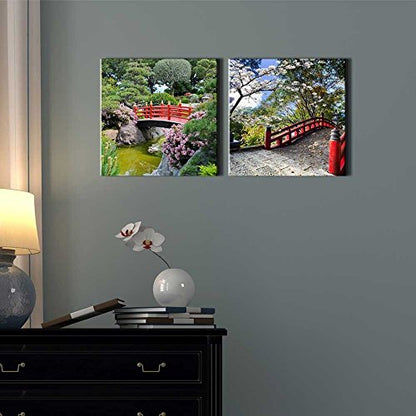 wall26 Two Piece Canvas - Red Bridge Over a Lake Surrounded by Beautiful Trees on 2 Panels - Canvas Art Home Art - 12x12 inches - color: Red Bridge Over a Lake, size: 12" x 12" x 2 panels