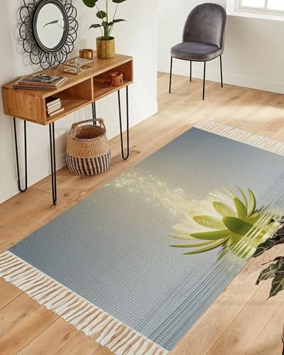 Zen Meditation Lotus Floral Washable Rugs for Living Room, Area Rug for Bedroom, Green Floral Modern Art 3x5 Feet Woven Area Carpet with Tassels, Throw Carpet Rug for Bedside - size: 3x5FT