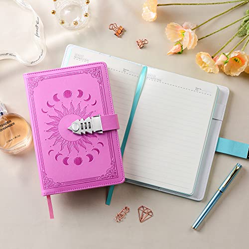 ZXHQ Journal with Lock for Girls Women,A5 224 Pages Lock Diary, Colorful Edge, Refillable, Leather Hardcover 8.5" × 5.9" - Pink - color: Pink