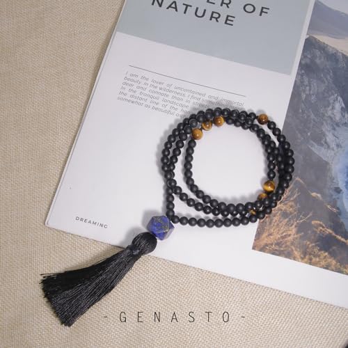 Mala Prayer Beads Necklace for Men - Protection Healing Crystal Beaded Necklace Japa Mala Necklaces with Tassel Natural Stone Jewelry for Meditation and Yoga