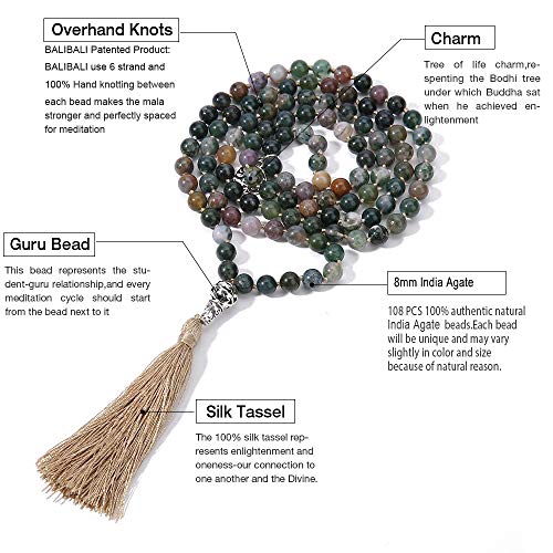 108 Mala Beads Necklace Semi-Precious Gem Stones Meditation Necklace 108 Hand Knotted Japa Mala Beaded Tassel Necklace with Tree of Life Pendant - color: Natural India Agate