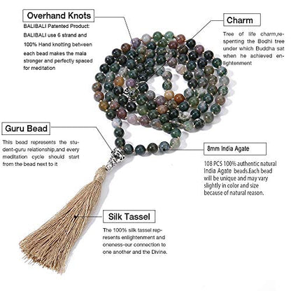 108 Mala Beads Necklace Semi-Precious Gem Stones Meditation Necklace 108 Hand Knotted Japa Mala Beaded Tassel Necklace with Tree of Life Pendant - color: Natural India Agate