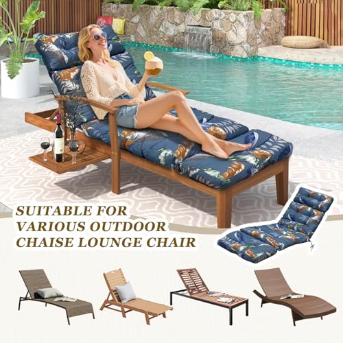 Outdoor Chaise Lounge Chair Cushion 75.1 x 23.6 x 4.7in, Waterproof Replacement Cotton Patio Thickened Pool Lounge Chair Cushion with Ties for Patio Outdoor Furniture, Tropical Night - color: Blue Leaves