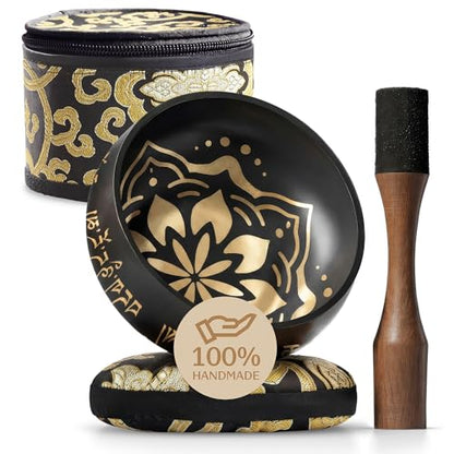 Silent Mind Tibetan Singing Bowl Set – Easy to Play & Beginner Friendly Meditation Bowl with Cushion, Mallet & Case | Stress Relief & Mindfulness | Gift-Ready - color: Coal Black, size: With Case