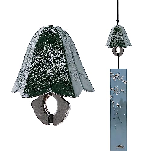 Japanese Wind Chime Cast-Iron Outdoor Ornament for Garden, Patio & Porch, Hanging Metal Wind-Bell Decoration Gift, Blessing Pendant Windchimes & PVC Wind-Catcher, Gentian Flower - Green