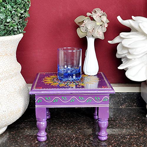Hand Painted Indian Chowki Altar Meditation Stool Low High Stool Wooden Chowki for Living Room Purple (9 x 9 x 6 Inch)