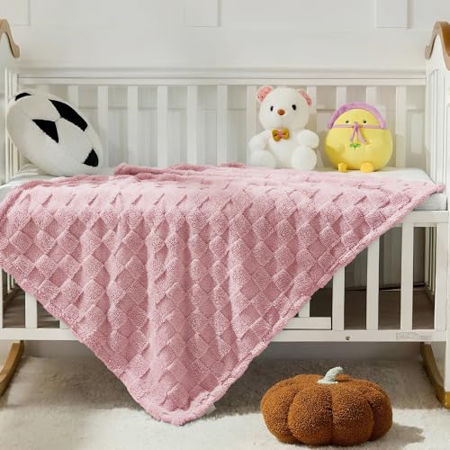 Pink Textured Checkered Kids Throw Blanket, 330GSM Soft Plush Fleece Blanket for Couch Sofa Bed, Cozy Decorative Giftable Home Blanket, 30x40 Inches - color: Pink, size: Kids Throw(30"x40")