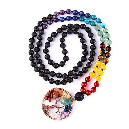 Bivei 108 Mala Beads Necklace Life Tree 7 Chakra Wrap Bracelet Real Healing Gemstone Yoga Meditation Hand Knotted Mala Prayer Bead Necklace - color: Lava Rock Stone, size: 6mm