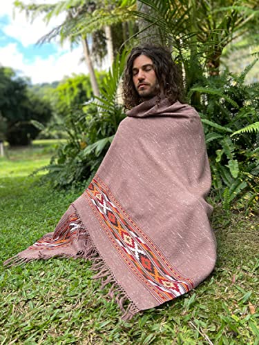 Handmade KARUNA Shawl Sienna Brown Handwoven Wool Meditation Prayer Scarf Blanket Premium Pure Cashmere Winter Tribal Zen Embroidery Boho AJJAYA