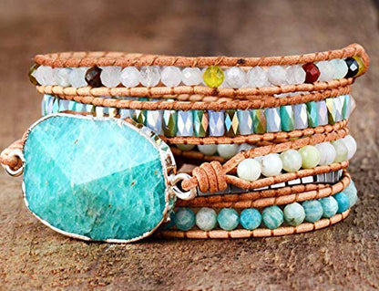 Boho Wrap Bracelet for Women, Handmade Natural Imperial Jasper Multi-Layer Stone Beaded Bracelet, Bohemian Healing Crystal Stone Jewelry Gifts - color: Amazonite