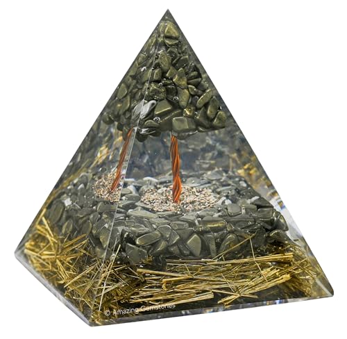 Amazing Gemstone Organite Orgone Pyramid Extra Large 105 MM - Orgone Energy Pyramid with Pyrite Crystals and Healing Stone - Orgonite Pyramids Crystals and Positive Energy - color: Pyrite With Tree