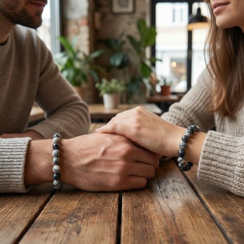 Natural Stone Beaded Bracelets for Women Men - 8MM Semi-Precious Stones Bracelets Adjustable Crystal Beads Stretch Bracelet - color: Black Picasso Jasper