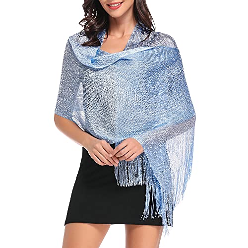 vimate Sparkling Metallic Shawls and Wraps for Evening Party/Wedding/Formal Dresses (With Free Buckle) - color: R#. Light Blue (With Light Blue Buckle)