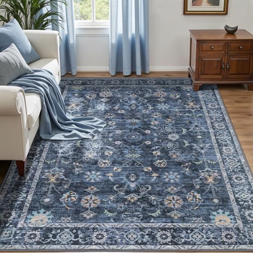 Tangsoo Washable Area Rugs 3x5 Non Slip, Boho Distressed Vintage Blue Floral Throw Rug for Bedroom Entryway, Soft Low Pile Floor Carpet Indoor Mat for Entrance Bedside Kitchen Nursery Office Farmhouse - color: Distressed Blue Black, size: 3' X 5' (Rectang