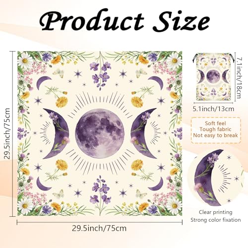 Tarot Altar Cloth Moon Phases and Wildflowers Print Card Table Tablecloth Plants Tablecloth with Tarot Bag for Reading Rituals Crystals Spiritual Divination Witchcraft Supplies - color: Moon Phases and Wildflowers