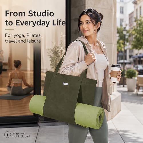 Yoga Mat Bag for Women, 100% Cotton Canvas Tote with Wet/Dry Pocket, Bottle Holder and Inner Zipper Pocket, 25L Carrier for Pilates and Travel - color: Green