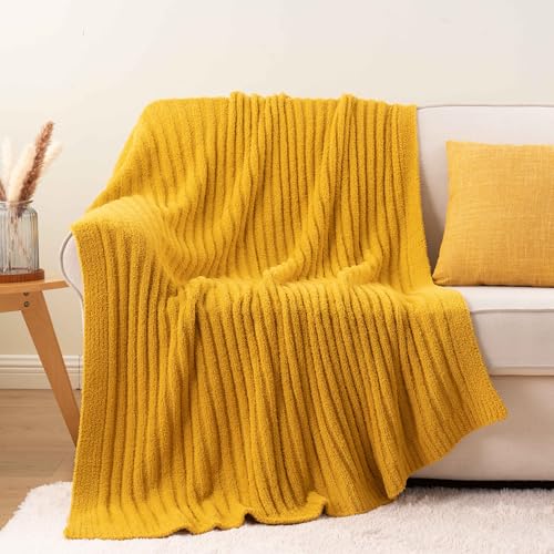 BATTILO Fluffy Soft Yellow Throw Blanket, Fuzzy Plush Mustard Knit Throw Blankets, Warm Lightweight Cozy Blanket for Couch, Bed, Sofa, Home Decor, 50"x60" - color: Yellow