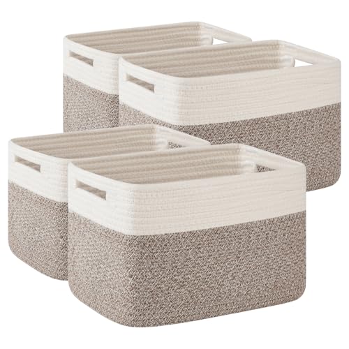 OIAHOMY 4 Pack Storage Baskets for Organizing, Basket for Shelves with Handle, Woven Baskets for Storage Toys, Towels, Books, Cotton Rope Basket 13" L x 9 " W x 7.8 " H, Deep Brown & White - color: Deep Brown & White