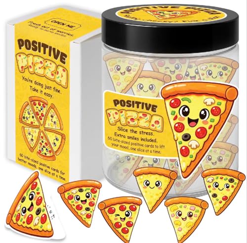 KATINAT Positive Pizza Jar – 60 Funny Affirmation Cards, Emotional Support Pizza for Friends, Teens, Coworkers, Funny Foodie Gifts for Stress Relief, White Elephant Gifts, Desk Decor - color: Positive Pizza