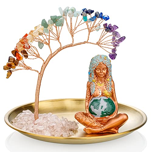 ZenBless 7 Chakra Healing Crystal Tree Ceramic Mother Earth Decor Mother Earth Statues Gifts for Women, Yoga Meditation Zen Spiritual Room Home Shelf Decor Feng Shui Good Lucky - color: Mother Earth Statue + 7 Chakra Tree + Gold Tray