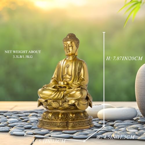 Lost-Wax Cast Genuine Brass Buddha Statue 7.87" – Heavy 3.3lb Handcrafted Meditating Figurine for Zen Garden, Shrine Altar, Meditation Room – Not Plated - color: Gold