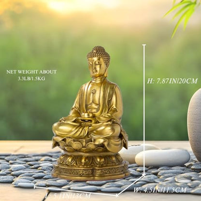 Lost-Wax Cast Genuine Brass Buddha Statue 7.87" – Heavy 3.3lb Handcrafted Meditating Figurine for Zen Garden, Shrine Altar, Meditation Room – Not Plated - color: Gold