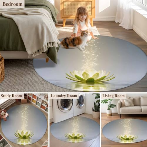 Round Area Rug 4ft, Zen Meditation Lotus Floral Washable Non-Slip Circle Rugs for Bedroom Living Room Kitchen, Green Floral Modern Art Soft Non Shedding Circle Carpet for Dining Room Dorm - size: 4' (Round)