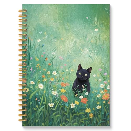 ROXMART Black Cat Wildflower Field Spiral Notebook, Black Cat Gifts Journal, Gifts for Cats Lovers, Rustic Floral Cute Kitty Kitten Hardcover Notebook Journal, 5.5x8.3 Inch - color: Style06