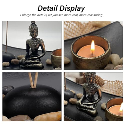 Zen Garden Set Buddha Statue, Tealight Candle Holder, Rocks & Incense Burner Holder & Wood Tray for Meditation, Office, Yoga Decor, Spiritual Decoration
