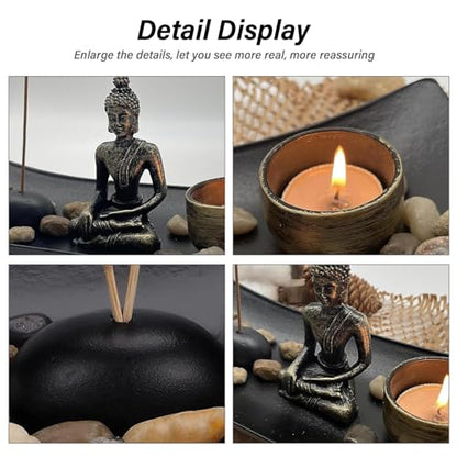 Zen Garden Set Buddha Statue, Tealight Candle Holder, Rocks & Incense Burner Holder & Wood Tray for Meditation, Office, Yoga Decor, Spiritual Decoration
