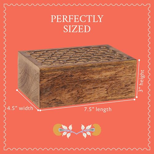 7.5” x 4.5” x 3” Mango Wood Box with Lid – Carved Scallop Medium Burnt – Handcrafted Wooden Keepsake Box – Medium Decorative Storage for Jewelry, Memory & Home Décor Accents