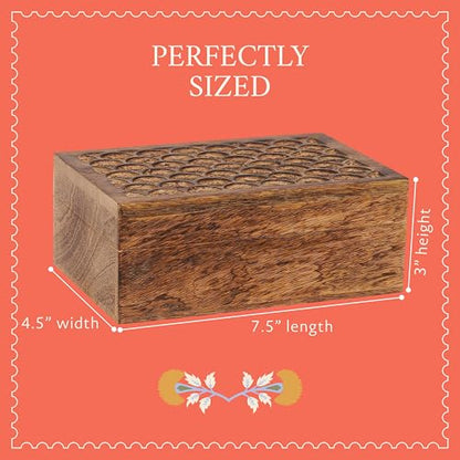 7.5” x 4.5” x 3” Mango Wood Box with Lid – Carved Scallop Medium Burnt – Handcrafted Wooden Keepsake Box – Medium Decorative Storage for Jewelry, Memory & Home Décor Accents