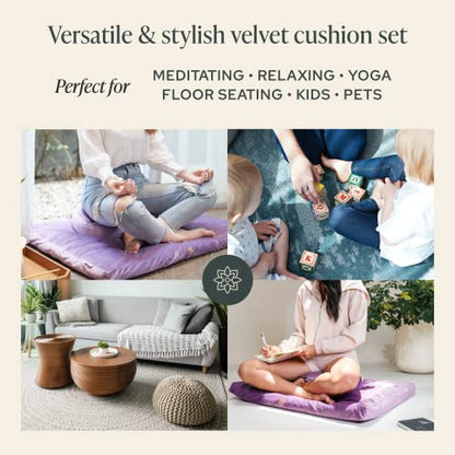 Mindful Modern Meditation Cushion and Zabuton Mat Bundle - Premium Luxury Velvet Meditation Cushion Set for Yoga - Buckwheat Zafu Floor Pillow and Rectangular Mat - Dusty Violet Color