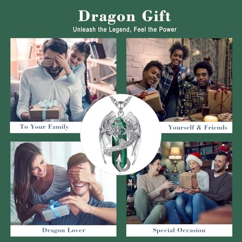 INFUSEU Unique Dragon Necklaces with Healing Crystal Stone for Men Women, Personalized Spiritual Gifts, 24 Inch Chain - color: Green Malachite