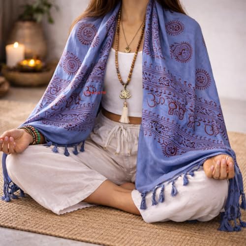 Tribe Azure Fair Trade Large Scarf Wrap Yoga Soft Cotton Mix Hand Printed Boho Bohemian White Black Yellow - color: Blue