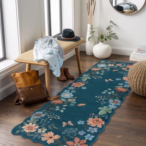 Lahome Floral Washable Runners for Hallways, 2x5 Kitchen Runner Rug Ultra-Thin, Non-Slip Stain Resistant Boho Low-Pile Carpet Runner for Bathroom Bedroom Flore (2x5ft,Navy Blue) - color: Navy Blue, size: 2' x 5'（Runner）