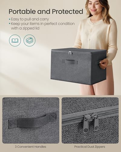 SONGMICS Foldable Storage Organizer Boxes, Set of 3 Storage Basket Bins with Lids, Handles, Clothes Organizer, 15.7 x 11.8 x 9.8 Inches, Non-Woven Fabric, Slate Gray URYZB03G