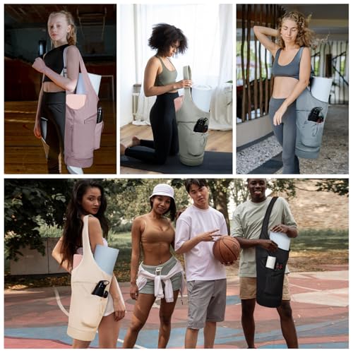 sportsnew Yoga Mat Bag, Large Opening Long Tote Yoga Mat Carrier Holder Bag with Waterproof Wet Pocket and Drawstring Water Bottle Pocket, Adjustable Shoulder Strap Storage Bag, patent pending - color: Beige