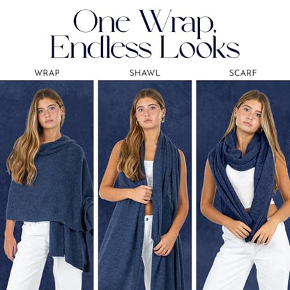 Velanio Cashmere Luxury Knitted Wrap Travel Shawl Scarf, Pashmina Stole, All-Season Scarf for Women Cashmere Wool Blend - color: Hale Navy